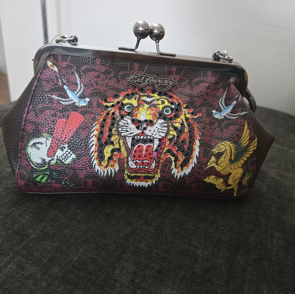 Ed Hardy Burgundy Embroidered Tiger Frame-Top Bag - Picture 5 of 10